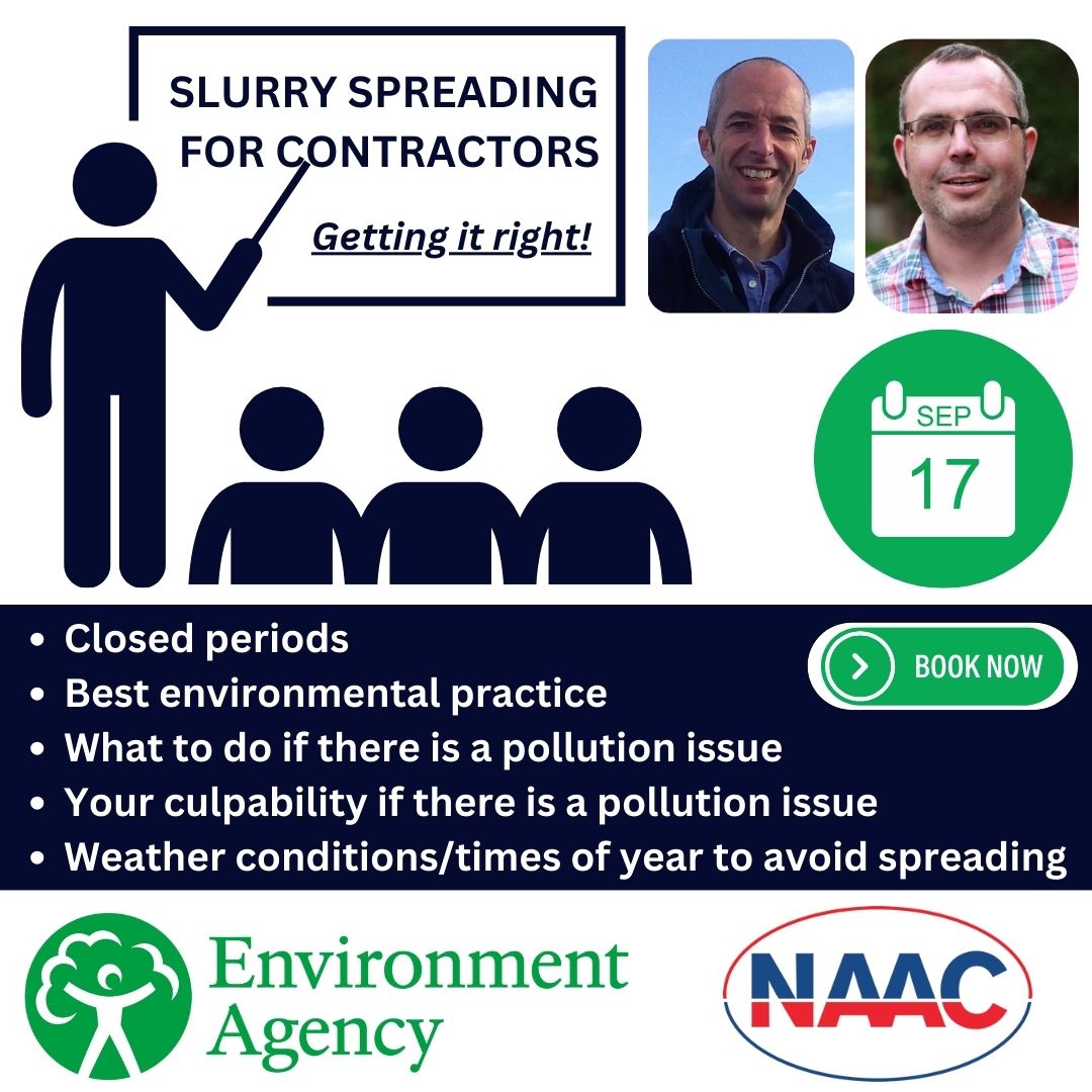 Contractors! Book onto this NAAC open event to hear from <a href="/DefraGovUK/">Defra UK</a> presenters Paul Furse &amp; John Davies, on the rules, common issues, best practice, responsibilities &amp; what do do if something goes wrong when spreading slurry. naac.co.uk/events-and-tra… #Agriculture #Farming #Slurry