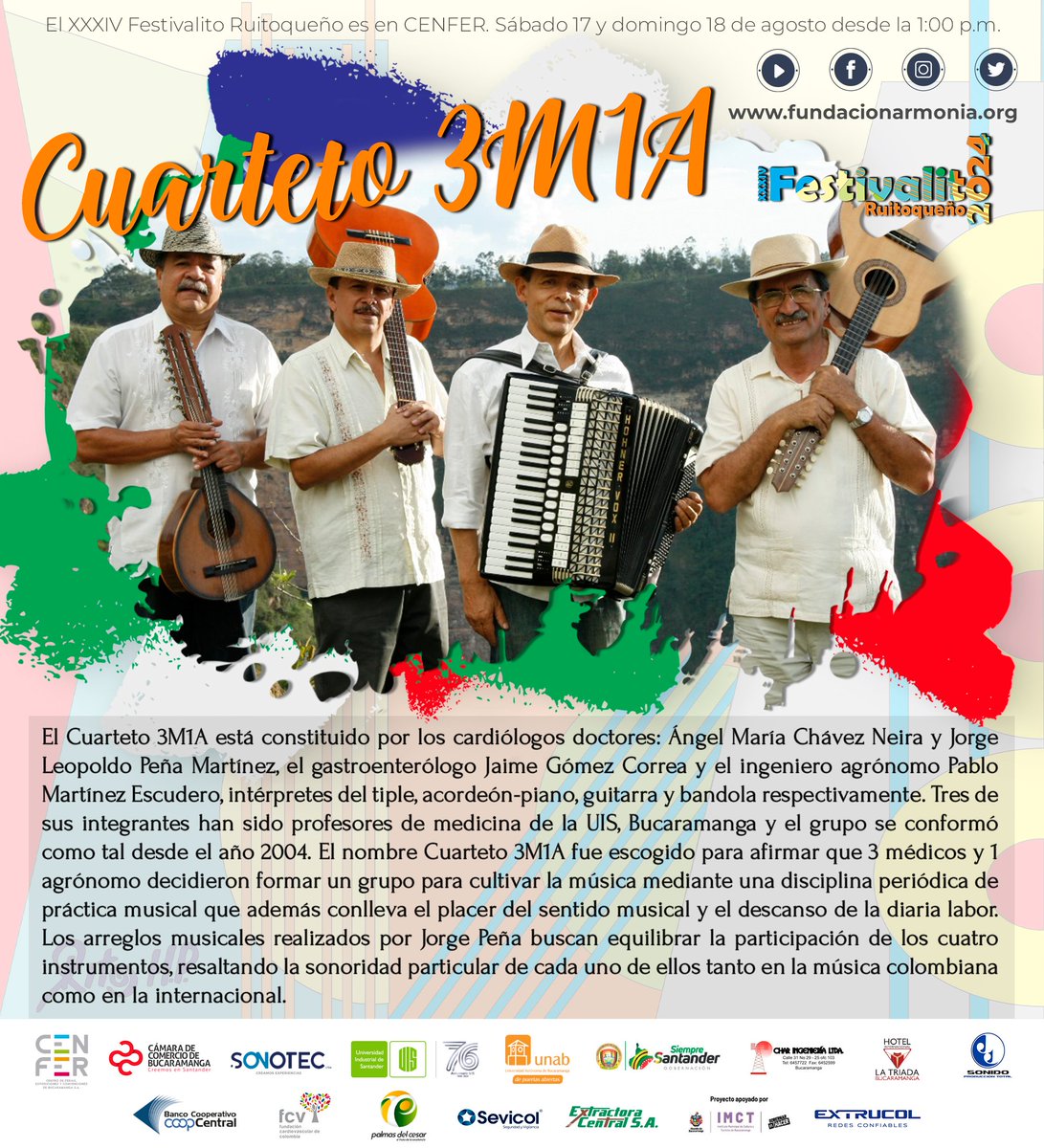 Elfestivalitoo's tweet photo. #Festivalito2024
Tres médicos y un agrónomo cultivando la música colombiana, es el Cuarteto 3M1A. Hoy en la edición XXXIV del Festivalito Ruitoqueño 

¡Los esperamos!
Boletas en la taquilla de #CENFER https://t.co/kO5dLNfvim