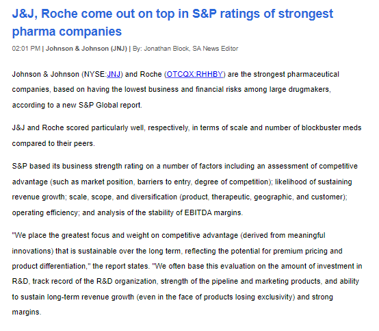 BrandonVanZee's tweet photo. 💊 J&amp;J and Roche are the strongest pharma companies according to S&amp;P Global, based on having the lowest business and financial risks. https://t.co/71kS7GBhtB