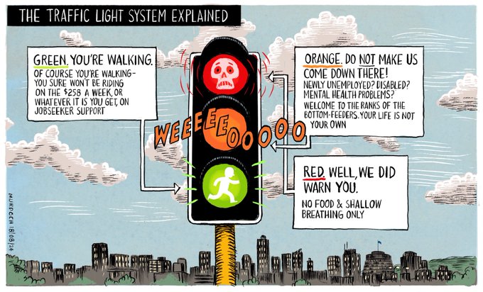 Cartoon. Title: The Traffic Light System Explained. Picture, a traffic light against a city backdrop. The traffic light is labelled. “Green. You’re walking. Of course you’re walking - you sure won’t be riding on the $258 a week, or whatever it is you get on Jobseeker Support” The next one, points to the orange light. “Orange. Do not make us come down there! Newly unemployed? Disabled? Mental health problems? Welcome to the ranks of the Bottom-Feeders. Your life is not your own” Next light labelled, “Red. Well, we did warn you. No food and shallow breathing only”