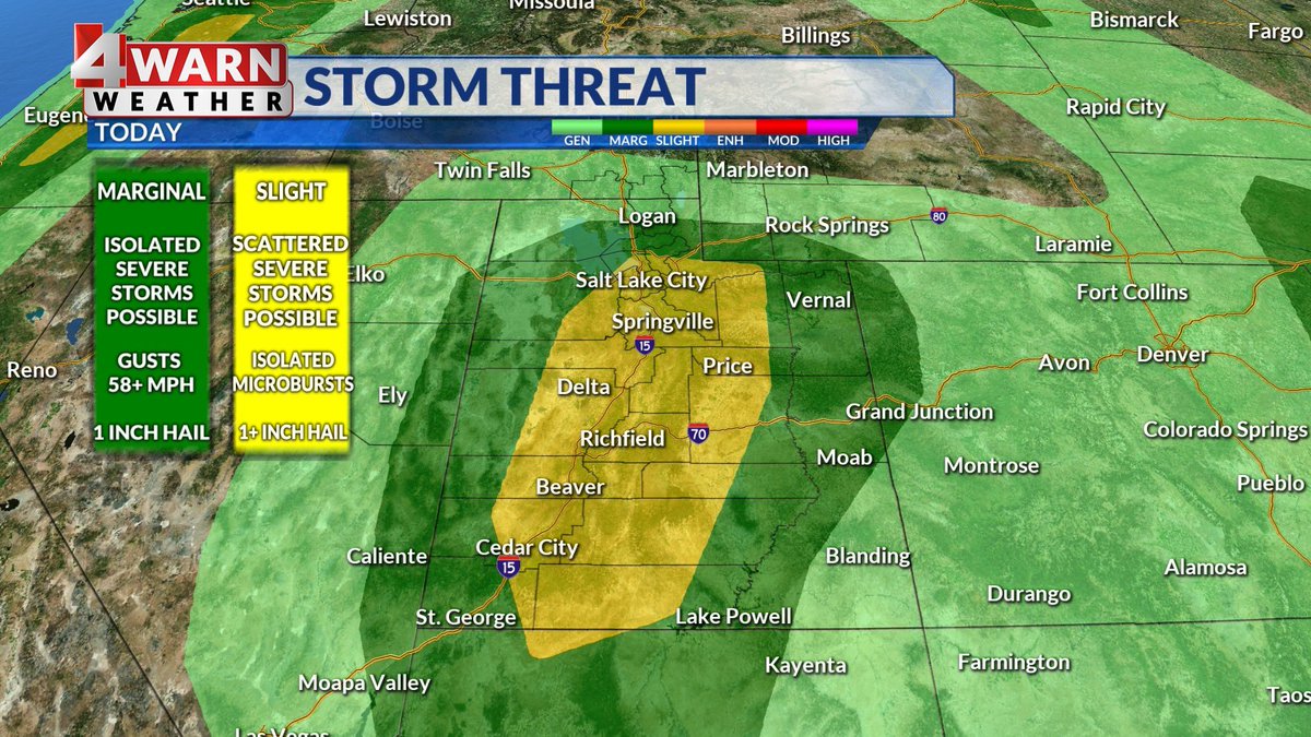 AlanaBrophyWX's tweet image. #4Warn:
Did you see the upgraded thunderstorm threat? Slight risk in yellow &amp;amp; includes the Wasatch Front — heavy rain, scattered severe storms, large hail &amp;amp; plenty of lightning with developing storms.. 

#utwx @abc4utah