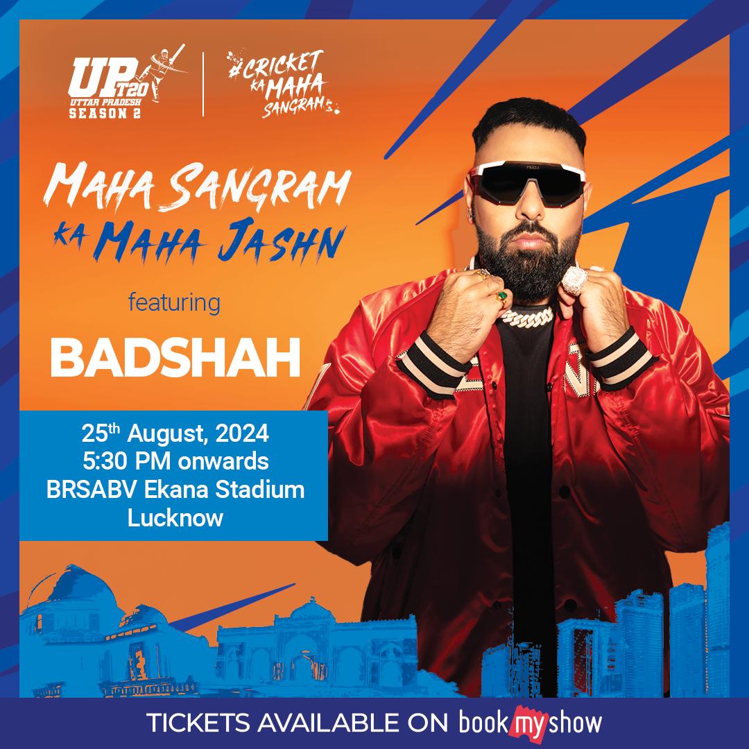 t20uttarpradesh's tweet photo. Har MahaJashn ko chahiye ek Badshah! And this one has 𝙞𝙩’𝙨 𝙮𝙤𝙪𝙧 𝙗𝙤𝙮 𝘽𝙖𝙙𝙨𝙝𝙖𝙝! 

Don’t miss Badshah’s electrifying performance at the UP T20 opening on 25th August at Ekana Stadium. 

Tickets go live today on BookMyShow! 

#CricketKaMahaSangram #Badshah https://t.co/Z8E4jEtAqj
