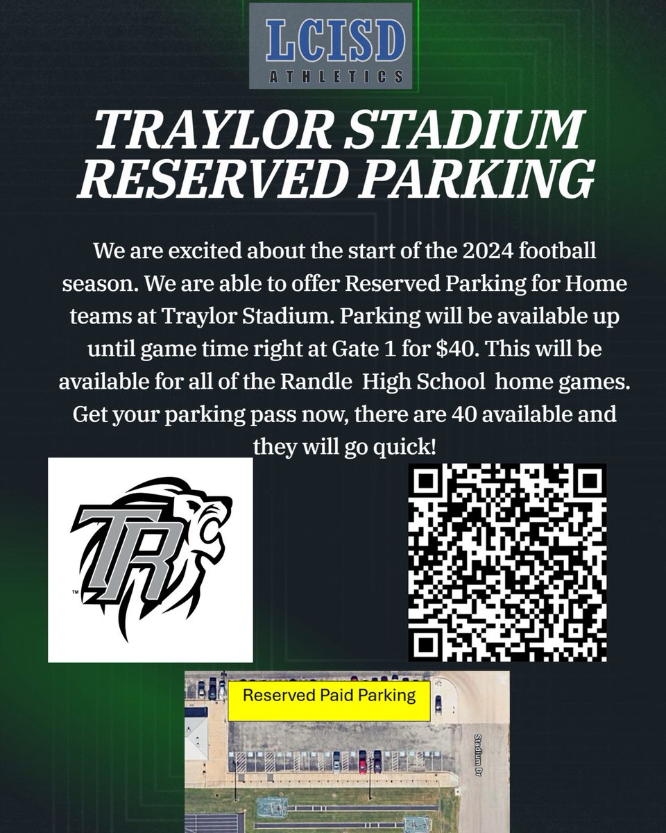 Randle parents, do you want to show up at game time and not have to look for parking! This is for varsity football games at Traylor. Hurry because this is limited to the first 40!