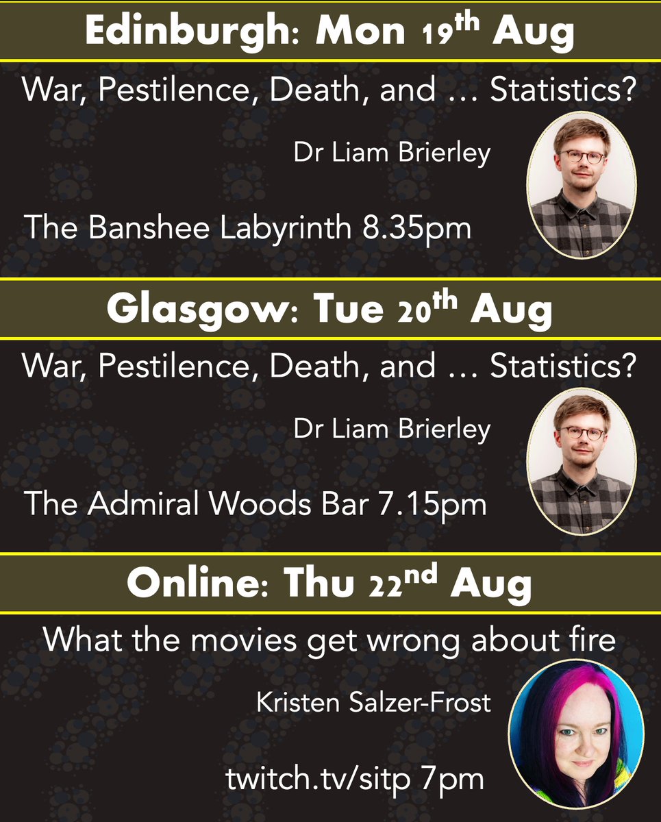 Busy week ahead: Catch Dr Liam Brierley in Edinburgh on Monday, or Glasgow on Tuesday, then sit back at home and enjoy Kristen Salzer-Frost online on Thursday.
Come get some!