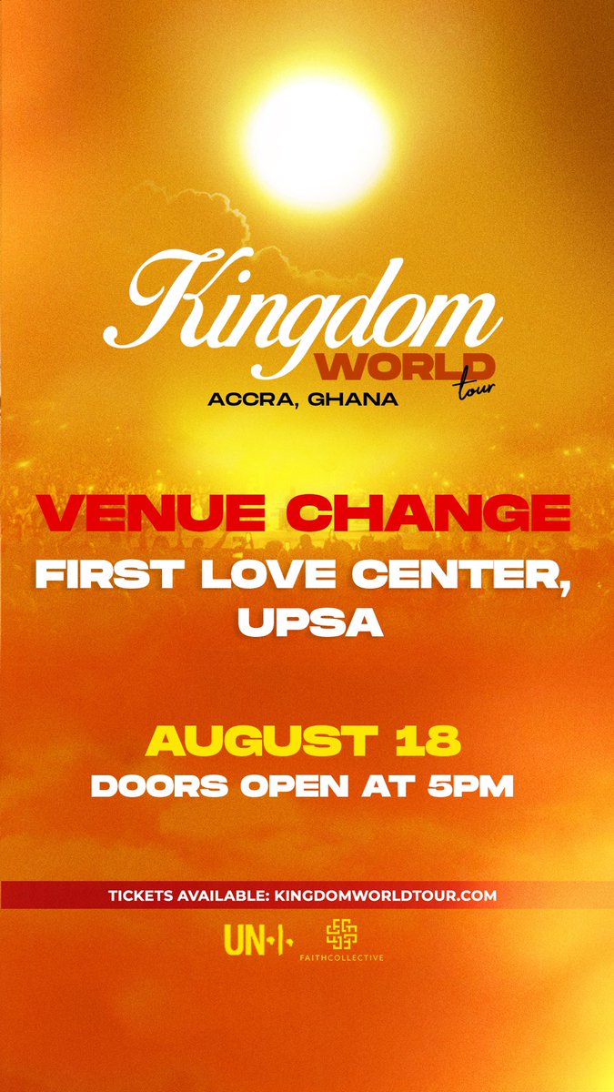 🔔Important Update for Kingdom World Tour in Accra! 
Due to unforeseen issues with the venue, the Kingdom World Tour with Maverick City and Kirk Franklin will no longer be held at ICGC Christ Temple East. 

But no worries! We’ve secured a new location at FIRST LOVE CENTER, UPSA