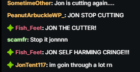 ilovefishfeet's tweet photo. Letty points out all the cuts on Jon's arm, and even his account manager boyfriend can't help but defend his self harming.
#cutforjontent #prayforjon #hungergames #fishtanklive https://t.co/6Za2WWdl13