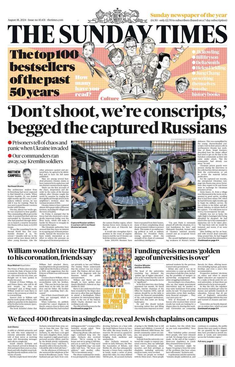 SUNDAY TIMES: ‘Don’t shoot, we’re conscripts’ begged the captured Russians #TomorrowsPapersToday