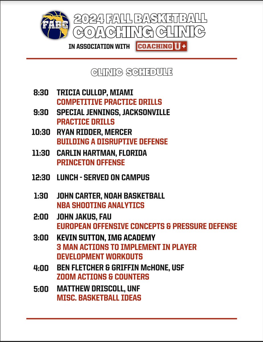 FABC Hoops (@fabchoops) on Twitter photo 🎟️Register Now! FABCHoops.com/events
📅 8/24
📍Tampa - Carrollwood Day School
🗣️<a href="/Coaching_U/">Coaching U</a> <a href="/CanesWBB/">Hurricanes Women’s Basketball</a> <a href="/jax_wbb/">Jacksonville Women's Basketball</a> <a href="/SpecialJennings/">Special Jennings</a> <a href="/FAUMBB/">Florida Atlantic Men's Basketball</a> <a href="/CarlinHartmanUF/">Carlin Hartman</a> <a href="/GatorsMBK/">Florida Gators Men’s Basketball</a> <a href="/OspreyMBB/">UNF Men's Basketball</a> @UNFBBALL <a href="/MercerMBB/">Mercer Men's Basketball</a> <a href="/RyanRidder/">Ryan Ridder</a> <a href="/noahbasketball/">Noah Basketball</a> <a href="/CoachSutton/">Kevin Sutton</a> <a href="/IMGABasketball/">IMG Academy Basketball</a> <a href="/ben_fletcher15/">Ben Fletcher</a> <a href="/USFMBB/">USF Men's Basketball</a> 🎟️Register Now! FABCHoops.com/events
📅 8/24
📍Tampa - Carrollwood Day School
🗣️<a href="/Coaching_U/">Coaching U</a> <a href="/CanesWBB/">Hurricanes Women’s Basketball</a> <a href="/jax_wbb/">Jacksonville Women's Basketball</a> <a href="/SpecialJennings/">Special Jennings</a> <a href="/FAUMBB/">Florida Atlantic Men's Basketball</a> <a href="/CarlinHartmanUF/">Carlin Hartman</a> <a href="/GatorsMBK/">Florida Gators Men’s Basketball</a> <a href="/OspreyMBB/">UNF Men's Basketball</a> @UNFBBALL <a href="/MercerMBB/">Mercer Men's Basketball</a> <a href="/RyanRidder/">Ryan Ridder</a> <a href="/noahbasketball/">Noah Basketball</a> <a href="/CoachSutton/">Kevin Sutton</a> <a href="/IMGABasketball/">IMG Academy Basketball</a> <a href="/ben_fletcher15/">Ben Fletcher</a> <a href="/USFMBB/">USF Men's Basketball</a>