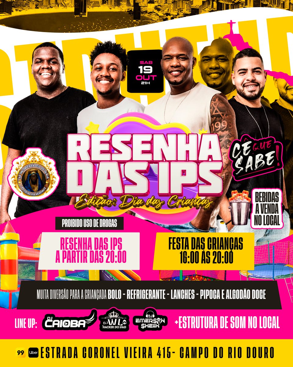 📆 DIA 19 DE OUTUBRO 🔥

FESTA DAS INCOMPARÁVEIS DE IRAJÁ - Edição: DIA DAS CRIANÇAS 🎭

-ÁREA CURUMIM 🍭🍬
Início a partir das 16H

A PARTIR DAS 20H O CORO VAI COMER NA CASA DAS IPS🔥

-PROMOÇÕES DE BEBIDAS🍻

-GRUPO DE PAGODE E DJ´S QUEBRANDO TUDO❤️‍🔥

-SUPER QUEIMA DE FOGOS 🎇🎆