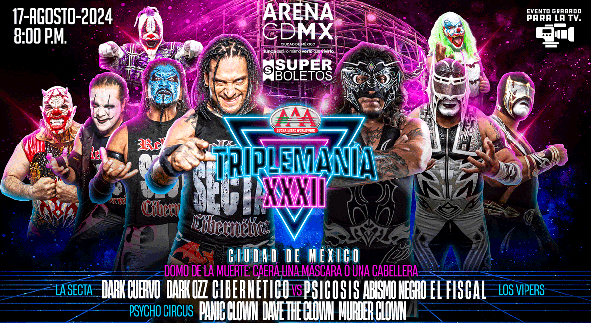 ¿Cuál será la máscara o cabellera que caerá esta noche en el Domo de la muerte en #TriplemaniaXXXII CDMX? 🤯

⌚ 8:00 PM.
📍  <a href="/ArenaCdMexico/">Arena CDMX</a>.

🎟️ Últimos boletos disponibles en taquillas y en <a href="/SuperboletosMx/">Superboletos</a>.