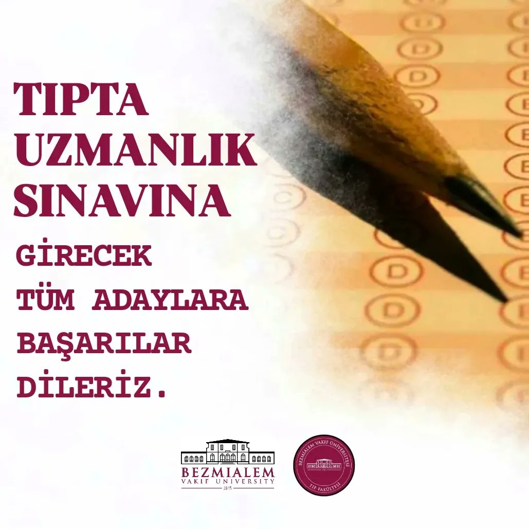 bezmialemtip's tweet photo. Bugün gerçekleşecek Tıpta Uzmanlık Sınavına girecek tüm adaylara başarılar dileriz.

#tıptauzmanlıksınavı #tus #bezmialem #BezmialemVakıfÜniversitesi #SağlıktaİkiAsırlıkTecrübe https://t.co/zLSgavVErf
