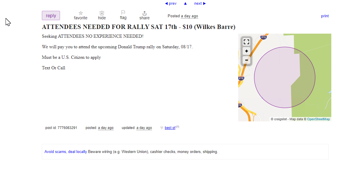 TimInHonolulu's tweet photo. Just searched Wilkes-Barre Craig's List.  Both pathetic and glorious. The GOP is going to be torched in 80 days. https://t.co/hAvUlFthub