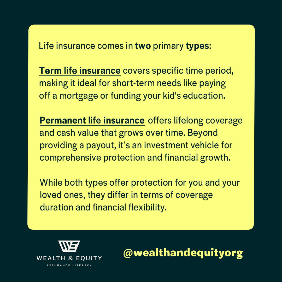 wealthandequity's tweet image. Life insurance comes in two ✌🏾 primary types: term life and permanent life. While both types offer protection for you and your loved ones, they differ in terms of coverage duration and financial flexibility.

Swipe and see the differences! ➡️ #insuranceliteracy #lifeinsurance