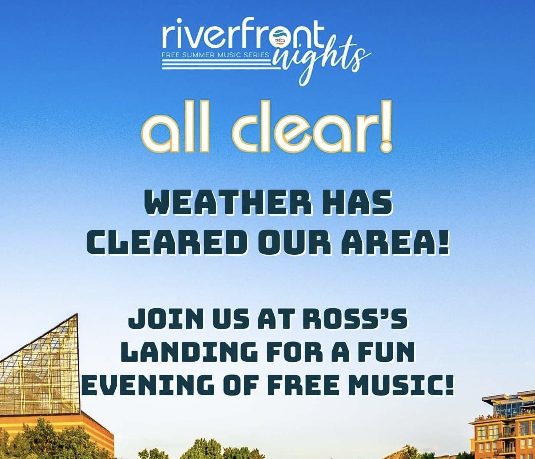 RiverfrontNghts's tweet photo. The weather has left our area and the rest of the evening is looking clear. Shows are still on as scheduled tonight, so join us on the riverfront for some fun!

Music by Moon Juice will start at 7:00 pm, followed by DEPARTURE: A Tribute to Journey! We'll see you then! https://t.co/l6udMIjDBB