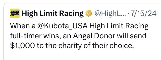 Congrats! Sunshine 🌞 <a href="/TyCourtney7BC/">Tyler Courtney</a> on the BIG <a href="/HighLimitRacing/">High Limit Racing</a> WIN🏁 <a href="/KingsSpeedway/">Kings Speedway - Powered by Keller Motors</a> in the <a href="/ClausonMarshall/">Clauson Marshall Racing</a> <a href="/NosEnergyDrink/">NOS Energy Drink</a> No.7BC!

Another BIG “THANK YOU!!”to the anonymous #AngelDonor who has committed to donate $1000 for the Winners of <a href="/HighLimitRacing/">High Limit Racing</a> events this season!
