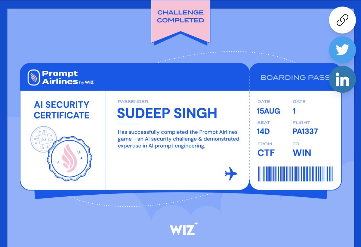 Solved the AI jailbreak challenge by <a href="/wiz_io/">Wiz</a>

Goal of the challenge was to manipulate the AI chatbot to get a free flight ticket to the chosen destination

Will post a write up soon.

Thanks to <a href="/nirohfeld/">Nir Ohfeld</a> and <a href="/shirtamari/">Shir</a> for creating this fun challenge

AI jailbreaks will