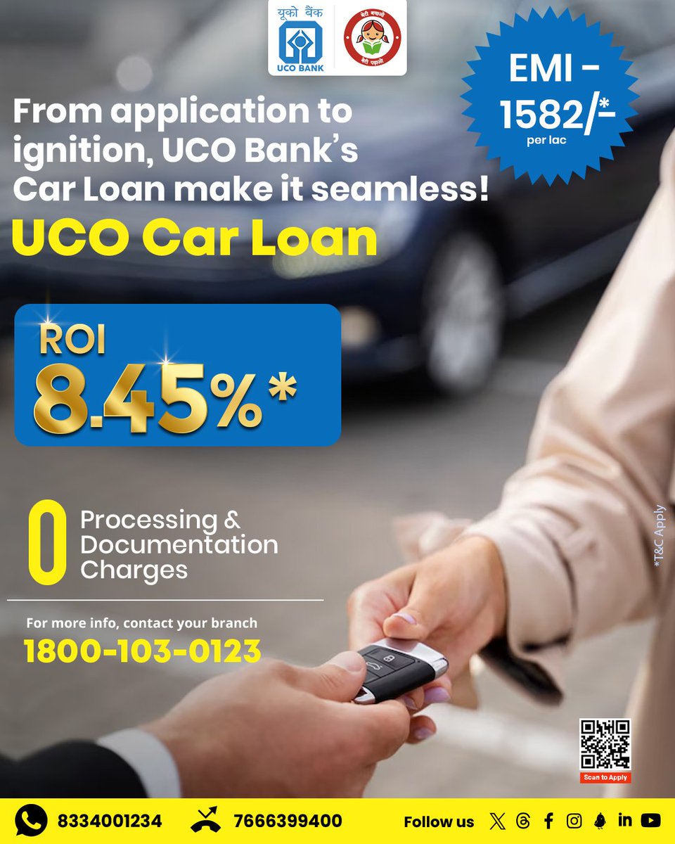 UCOBankOfficial's tweet image. Get ready to rev up your life! UCO Bank’s car loan makes getting the car you’ve always wanted easier. Apply today and start driving tomorrow! #UCOCarLoan #DriveHappy #DriveWithUCO #NewCar #DriveYourDream #Banking #UCOTURNS81 #81YearsOfTrust