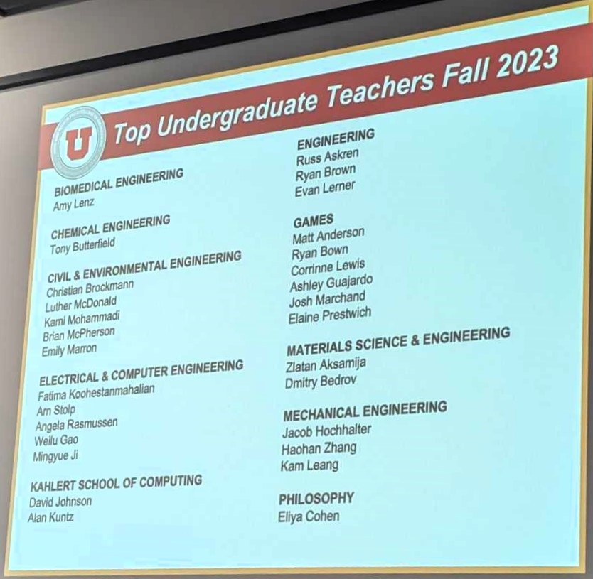 I'm honored to represent <a href="/UtahBME/">UtahBME</a> among the top 15% of undergraduate teaching evaluations in the <a href="/UtahCoE/">John and Marcia Price College of Engineering</a> for the 2023-2024 academic year! Looking forward to the start of the semester next week!

#biomechanics #teaching