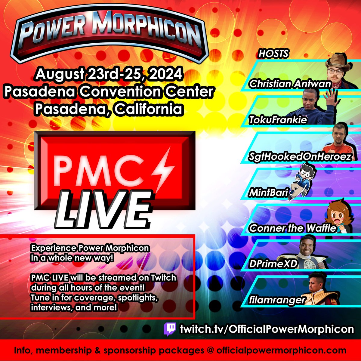 PowerMorphicon's tweet photo. Experience #PowerMorphicon in a whole new way! ⚡️
We're pleased to announce PMC Live!
No matter where you are, be it somewhere at the event or relaxing at home, #PMCLive will be on our Twitch Channel during all hours of the event!
We hope you'll support our talented hosts! https://t.co/APEtNsu0QE