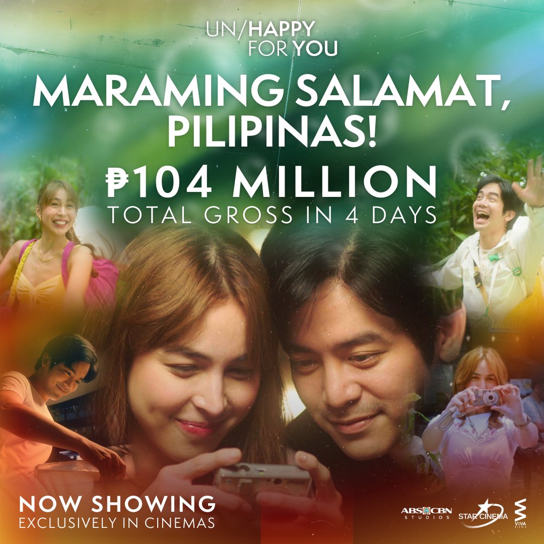 StarCinema's tweet photo. WE ARE GRATEFUL 4 YOU AND HAPPY 4 PHILIPPINE CINEMA! Grabe kayo magmahal! ❤️‍🩹🔥

#UnHappyForYou NOW SHOWING IN 350 CINEMAS IN THE PHILIPPINES!

✈️ Mark your calendars for our INTERNATIONAL SCREENINGS:

AUGUST 22
Australia

AUGUST 23
USA, Guam, Canada, Saipan

COMING SOON
New Zealand, Middle East (UAE, Oman, Qatar, Bahrain, KSA), Cambodia, Rome, Milan, Malta

BOOK YOUR TICKETS NOW! 🎟️