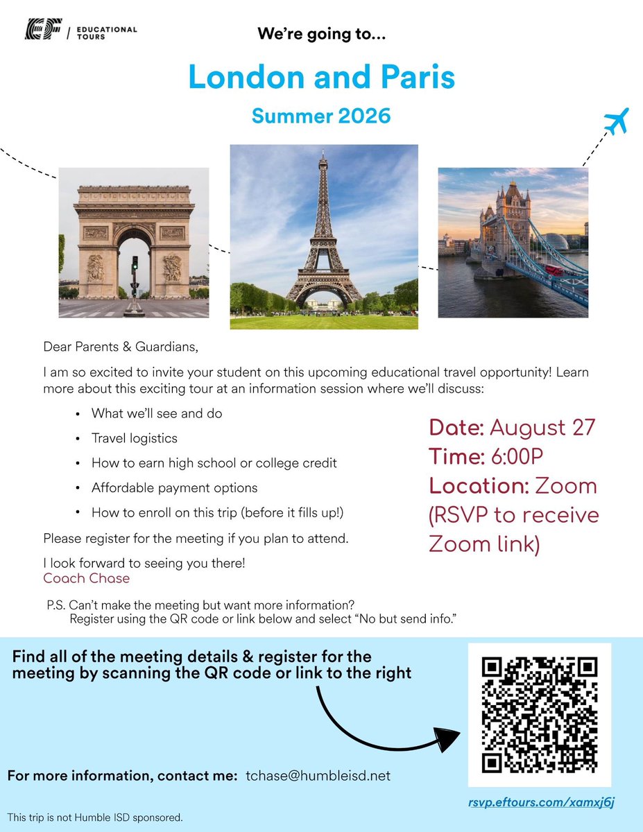 WMS_EFTours's tweet image. Ready to explore the world? 🌍 Join us at Travel Night to learn about our upcoming trips! ✈️
(An RSVP is required to receive a Zoom link invitation)