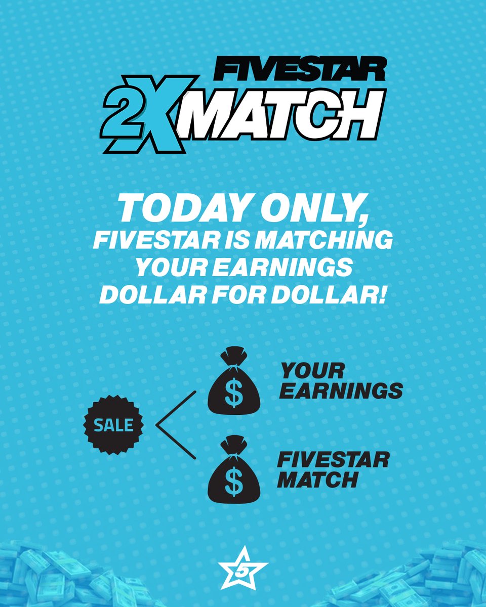 ⏰ 5 HOURS LEFT TO DOUBLE YOUR EARNINGS ⏰ 

We’re in the final stretch - There's only 5 HOURS LEFT to take advantage of the Fivestar 2X Match.

Every sale you make before midnight will earn you double, but the clock is ticking 👀