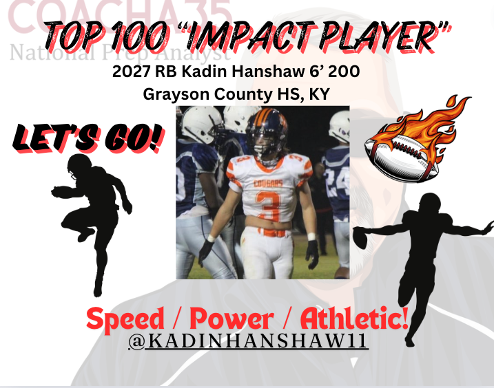 Coach Anzevino (@coacha35) on Twitter photo 🚀 <a href="/CoachA35/">Coach Anzevino</a> Top 100
2027 RB Kadin Hanshaw 6’ 200 Grayson County HS, KY
<a href="/KadinHanshaw11/">Kadin Hanshaw 4⭐️</a>
#2027Recruit #KYFootball #CoachA35
#CollegeFootballRecruiting #PrepFootball
loom.ly/GXUH7H0 🚀 <a href="/CoachA35/">Coach Anzevino</a> Top 100
2027 RB Kadin Hanshaw 6’ 200 Grayson County HS, KY
<a href="/KadinHanshaw11/">Kadin Hanshaw 4⭐️</a>
#2027Recruit #KYFootball #CoachA35
#CollegeFootballRecruiting #PrepFootball
loom.ly/GXUH7H0