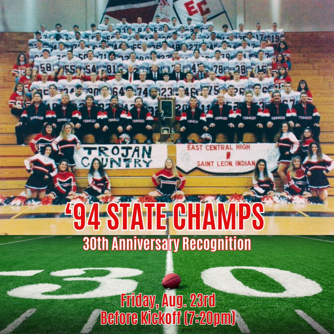 ECTrojanSports's tweet photo. The '94 State team will be recognized Friday.  Anyone associated w/ that team (staff, players, managers, etc.) are welcome to be part of the celebration.
Please be on the track near the concession stand by 7:15pm.  Help spread the word! https://t.co/9xgJmCvhjK