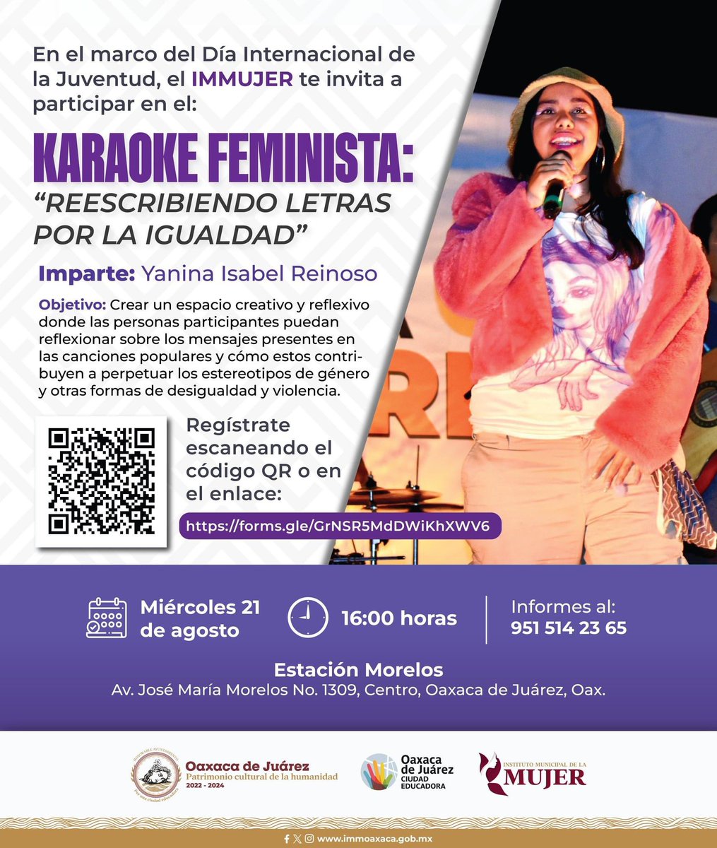 Te invitamos a participar en el "Karaoke feminista: Reescribiendo letras por la igualdad", este miércoles 21 de agosto en Estación Morelos. 

Regístrate aquí: 
🔗 forms.gle/Ru9dJ9uRJLC3xL…
☎️ 951 514 2365

¡Te esperamos!

 #VidaLibreDeViolencia