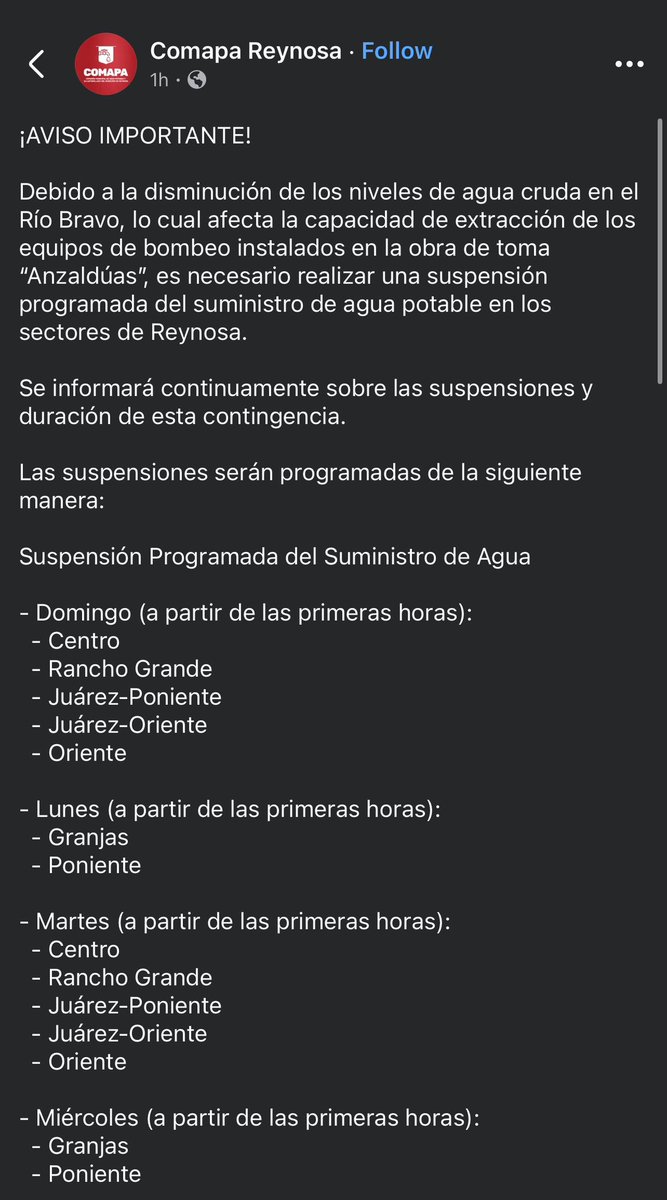 PhotogDina's tweet image. 🚨BREAKING: The municipal water system of Reynosa—the largest city in the border Mexican state of Tamaulipas (pop: 704,000+)—just announced water rationing cycles that will hit different areas of city for 24 hours at a time. The utility cites low levels at Anzalduas reservoir.