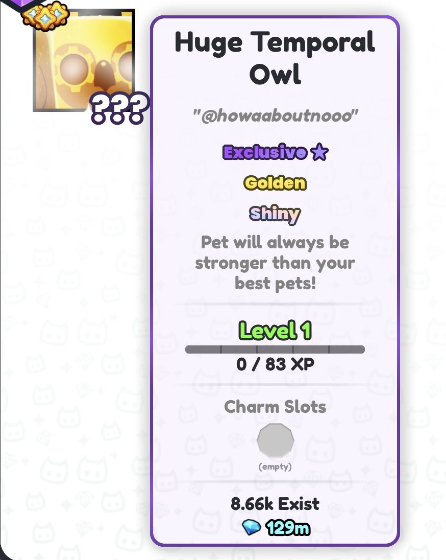 🎉 DAILY GIVEAWAYS - Day 250 🎉
🔥 Shiny Golden HUGE Temporal Owl! 🔥

Requirements:
🤝 follow me &amp; <a href="/juniisaturtle/">turtle man</a> 
❤️ &amp; 🔁 like &amp; RT
💬 reply w/ ur username

giveaway ends in 3 days! good luck! 🔥
#PetSimulator99 #PetSim99 #PetSim #PS99 #PetSimulator #PetSimulator99Giveaways