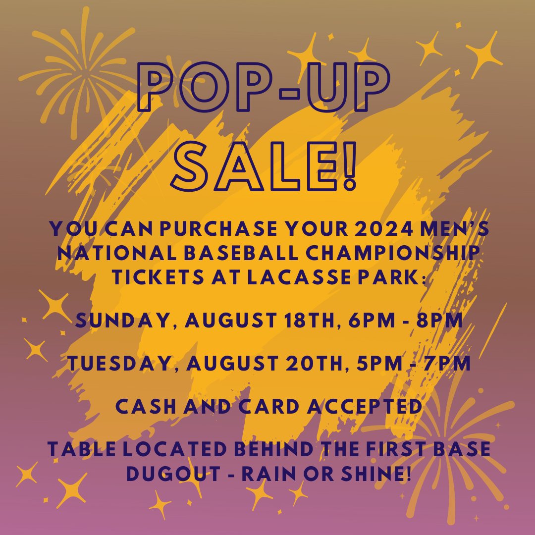 2024 Men's National Championship ticket pop-up sale! Sat. Aug 18 (6-8pm) and Tues. Aug 20 (5-7pm) at Lacasse Park. Card and cash accepted!