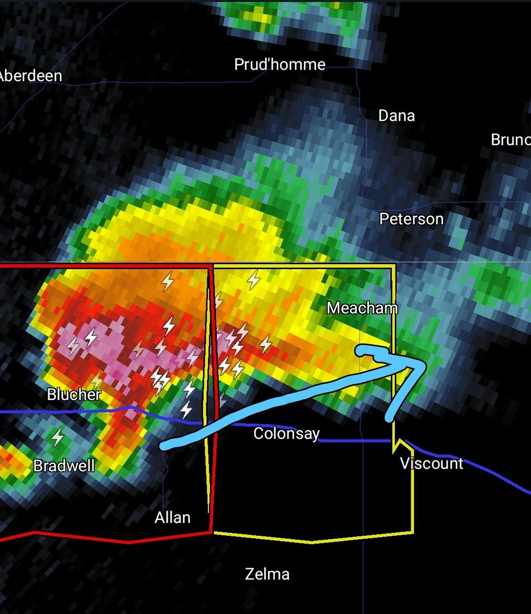 TORNADO WARNING on this cell for RM of Blucher, about to cross into RM of Colonsay.

Storm is moving slowly ENE toward  Colonsay, Elstow, Meacham and Viscount.

This includes HWY 16 between  Elstow and Viscount #skstorm
