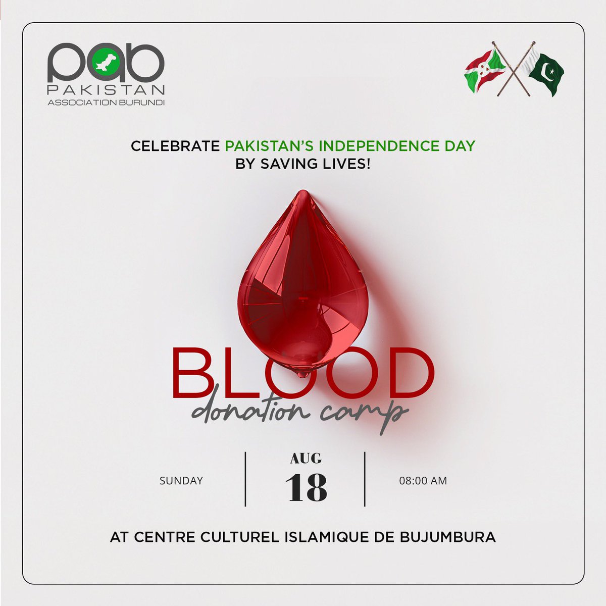 pakburundi's tweet photo. *Blood Donation Camp 🩸*

📅 Date: 18-08-2024 (Sunday)
🕗 Time: 8:00 – 12:00
📍 Location: Centre Culturel Islamique De Bujumbura

*Eligibility:*
Age 18-65, in good health
Weight: 50 kg+
No drug use or high-risk behavior
Not pregnant or breastfeeding
No bloodborne diseases (Hepatitis B, C, HIV, etc.)

*Why Donate?*
One unit can save up to three lives! 
Your donation helps ensure a safe blood supply for Burundians in need.

*Join us and make a difference!*
For more info: 
+257 62869759
+257 62697272 
#Burundi #Blooddonation #Pakistan #Pakistanassociationburundi #Pab #Mukaza