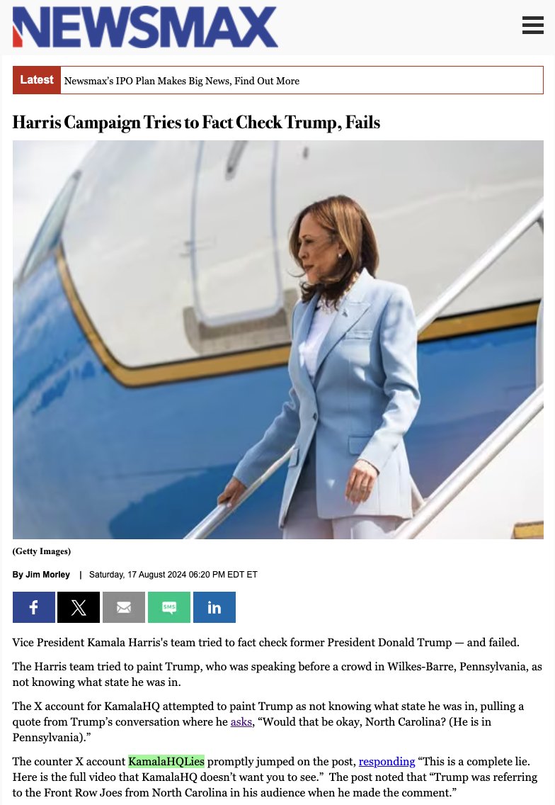 MediasLies's tweet photo. Kamala HQ Lies just ratioed Kamala HQ in less than 10 minutes.  

What an embarrassing week for the Gen Z trolls at Kamala HQ. 
 
This account was launched a week ago and we have already ratioed the official Kamala Campaign account over a dozen times... Thanks to YOU. 

We have 80 days until the election.

We can't get complacent.