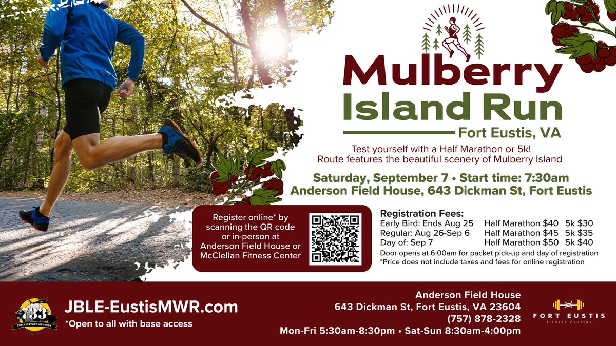 If you need base access for the Mulberry Island Half Marathon at Fort Eustis, VA, register by the Early Bird deadline - August 25.