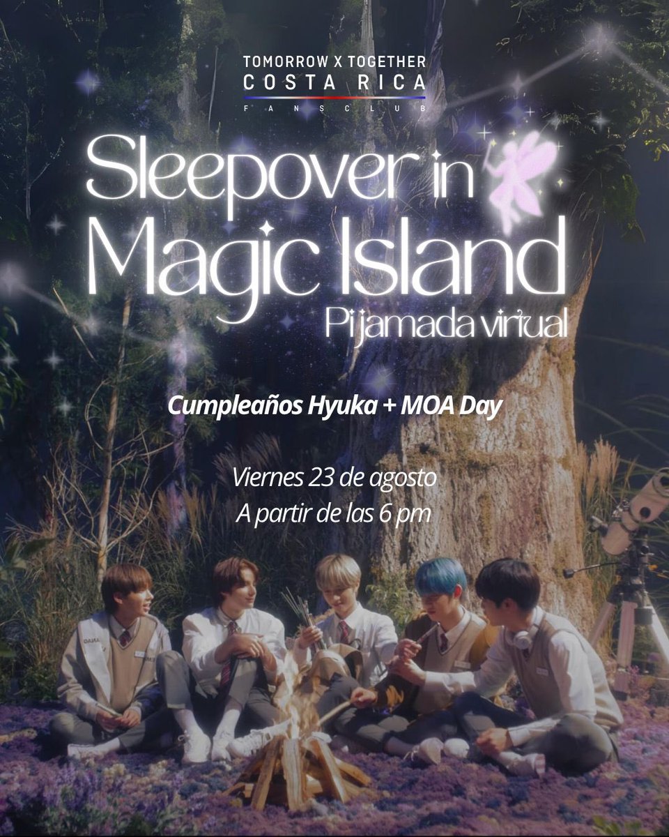 TXT_COSTARICAOF's tweet photo. ¡Estamos emocionadxs de invitarlxs a nuestra Pijamada Virtual TXT! 🎉🛏️ Prepárate para una noche llena de diversión, música, y muchos momentos especiales dedicados a nuestros chicos de TXT

📅 23 de Agosto
🕒 6om

¡No faltes! Nos vemos en Sleepover in Magic Island 🧚✨ https://t.co/H1VJ8T9s76