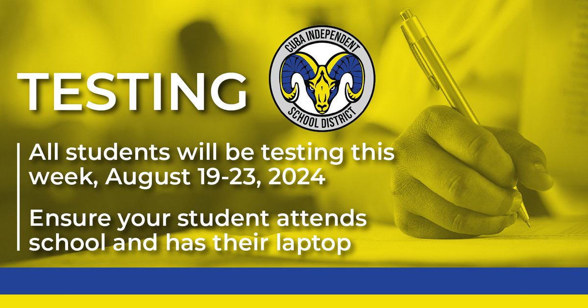 cubaschools's tweet image. 📚 Attention Parents and Students! 🎓  This week, August 19-23, 2024, is testing week for all students. Please ensure your student is present at school each day and brings their laptop. Let’s set them up for success!  #TestingWeek #StudentSuccess #SchoolReady #EducationMatters