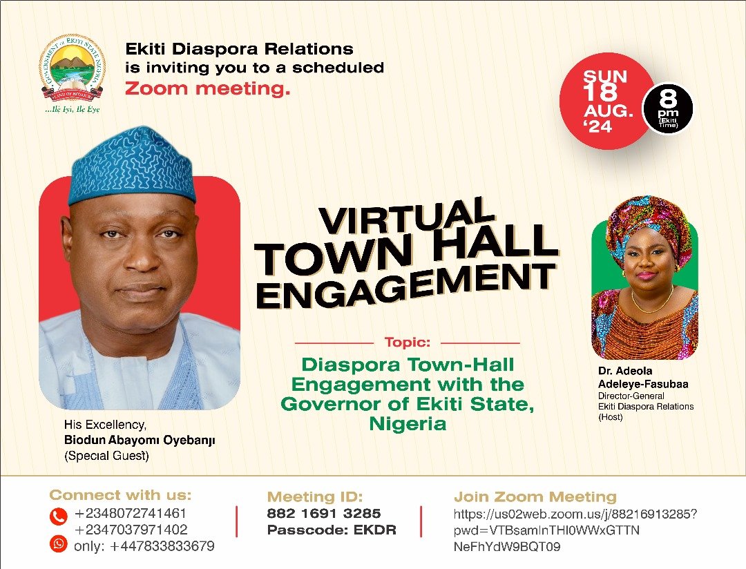ekitidiaspora's tweet photo. Join us today by 8pm GMT+1

Join Zoom Meeting
https://t.co/gpkz40O2ja

Meeting ID: 882 1691 3285
Passcode: EKDR

*Connect with us*:
+2348072741461
+2347037971402
*WhatsApp only*: +447833833679

*Facebook*: @allekitiketeinthediaspora

*#Ekititotheworld* https://t.co/MhXAZeqtJt