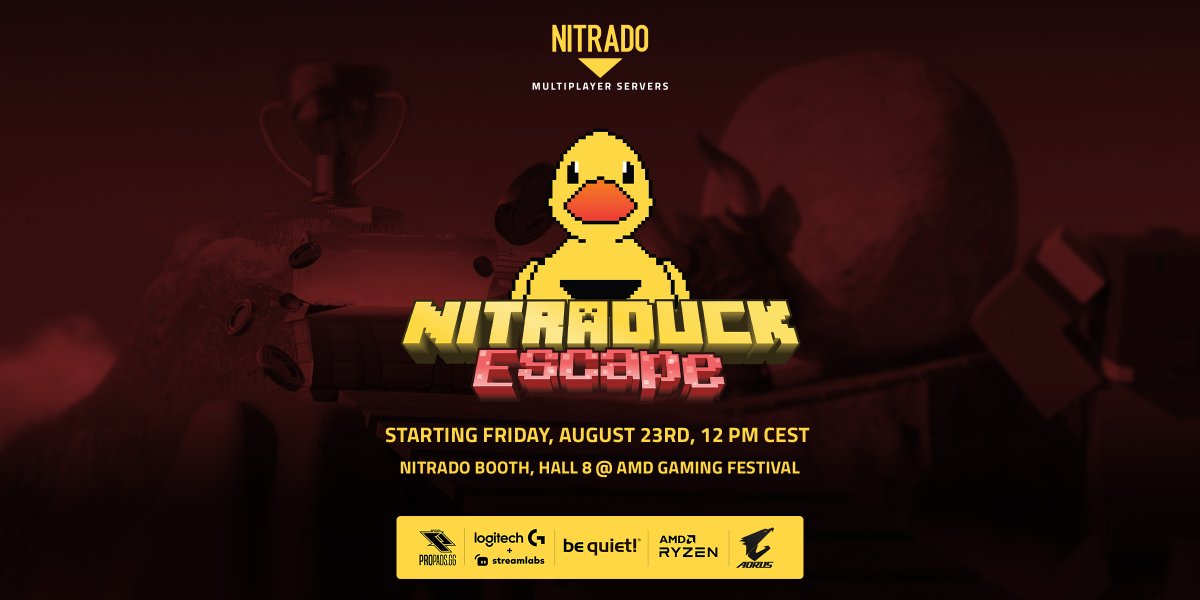 Ready for an epic #gamescom event? 🚀 Join us on August 23rd for the #NitraDuck Escape contest to win gaming gear worth over €10,000! Thanks to our amazing sponsors!

🗓️ August 23rd / 12 - 8 PM
📍 AMD Gaming Festival, Hall 8 at our Nitrado booth
🏆 Hourly &amp; Overall Score Prizes