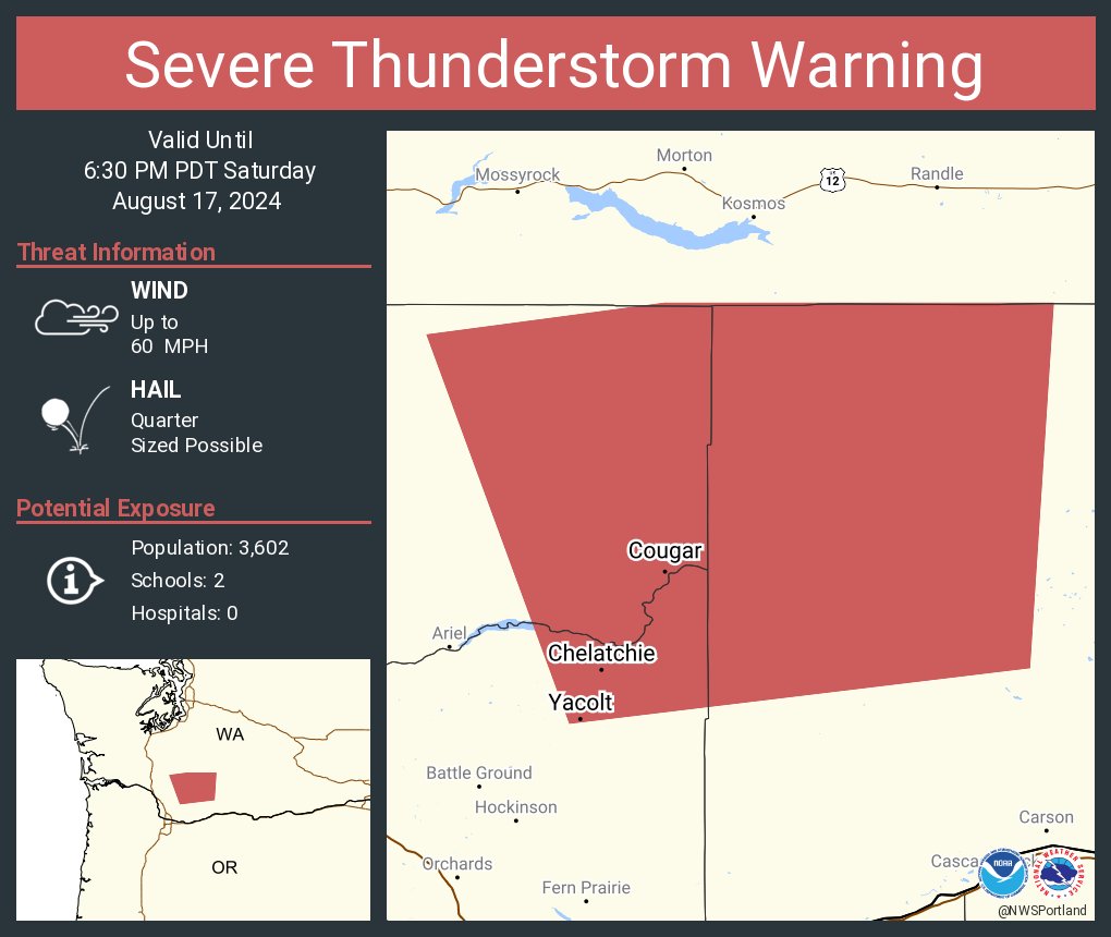 Severe Thunderstorm Warning including Yacolt WA, Chelatchie WA and  Cougar WA until 6:30 PM PDT