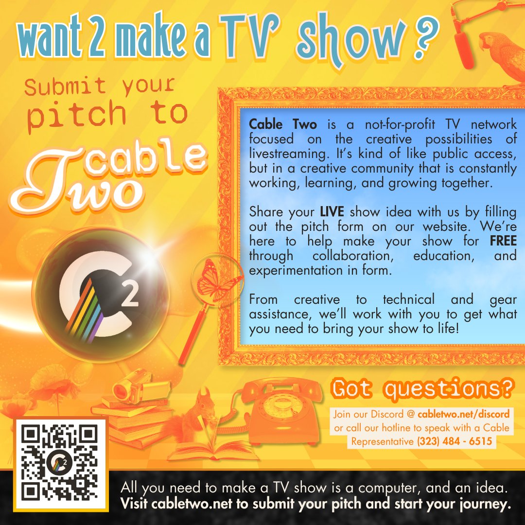 got an idea for a live television show? 📺💻✨ we want to help you make it—for free! 💙cable  two is a not-for-profit tv network dedicated to the potential of livestreaming as a medium. open to  everyone 18+. learn more and submit your pitch at cabletwo.net
