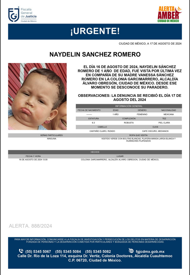Se activa #AlertaAmber para localizar a una menor de un año de edad, de nombre Naydelin Sánchez Romero, fue vista por última vez el día 16 de agosto de 2024 en la colonia Garcimarrero, alcaldía Álvaro Obregón