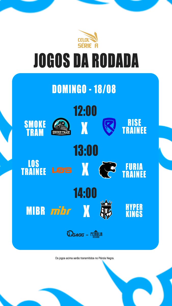 perolanegralol's tweet photo. OS JOGOS DE AMANHÃ DO PÉROLA!

Vem conferir os jogos que o Pérola Negra vai transmitir na rodada do CELOL Série A da @LigaGG_.

A transmissão começa às 12h no link abaixo.

https://t.co/sKBia4mxkj https://t.co/H7hdmc2bxo