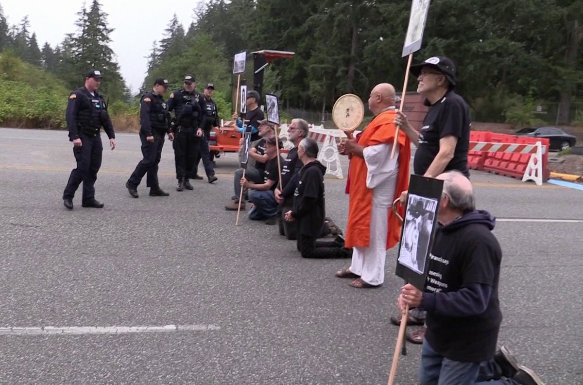 NuclearResister's tweet photo. Nuclear weapons abolition activists were arrested blockading the entrance to the Naval Base Kitsap-Bangor during a nonviolent action to commemorate the atomic bombings of Hiroshima &amp; Nagasaki. 
Read more at https://t.co/RgBWbAfcaE
#nuclearban https://t.co/tazsP3vtun
