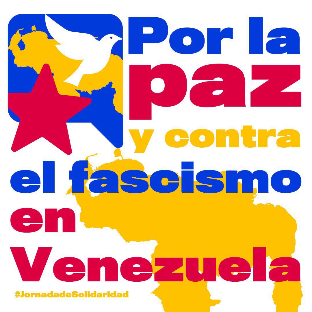 Nos unimos a la jornada por la paz y contra el fascismo en Venezuela. Es deber de la comunidad internacional respetar a la soberanía y las instituciones de ese hermano país. 
Venezuela, liderada
por el presidente <a href="/NicolasMaduro/">Nicolás Maduro</a>, vencerá este nuevo desafío.