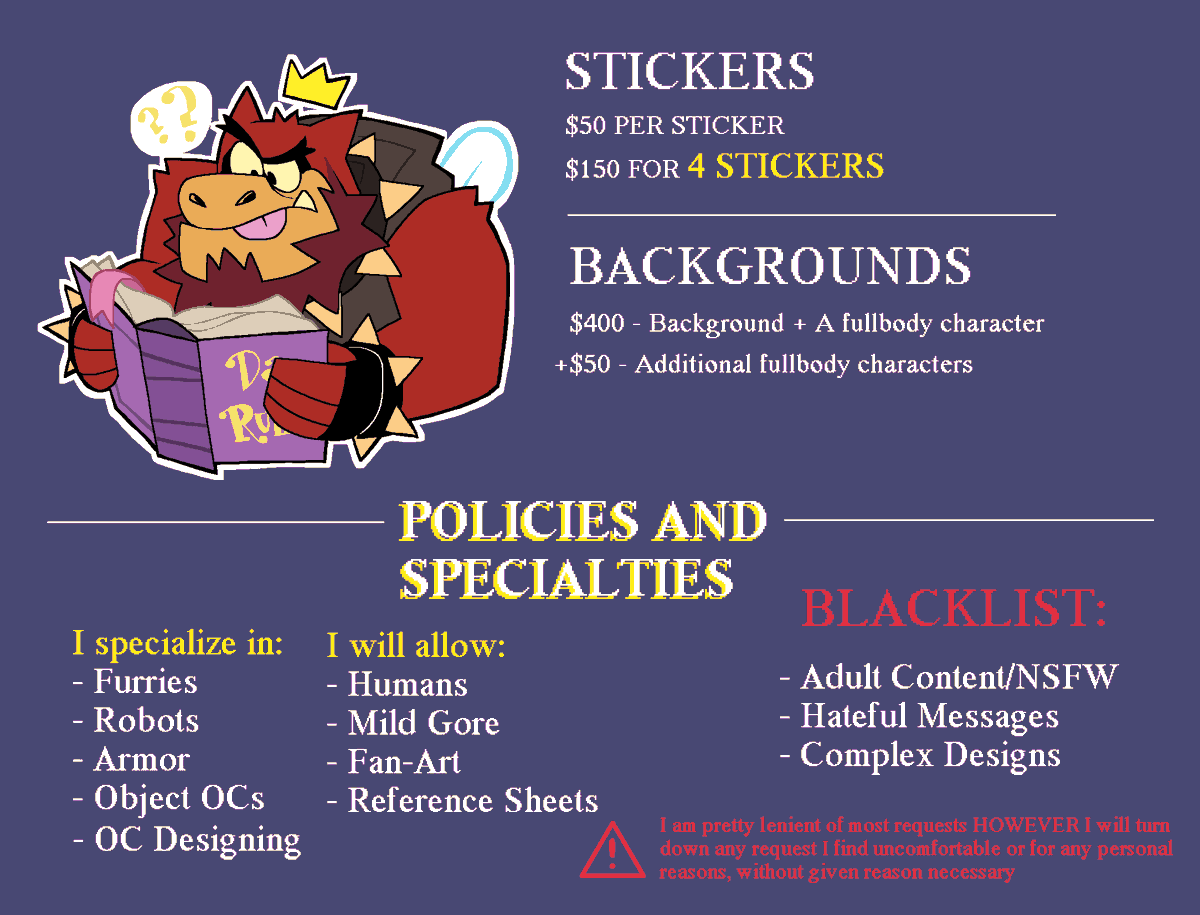 krustykrampizza's tweet image. Commissions have been UPDATED! AGAIN-AGAIN!

I will be doing these in the form of SLOTS! Once I open slots, I will make a post about it and update it on my profile
I will be accepting orders via DISCORD: kramson (frq for orders or if you just like chatting!)

I ACCEPT PAYPAL ONLY