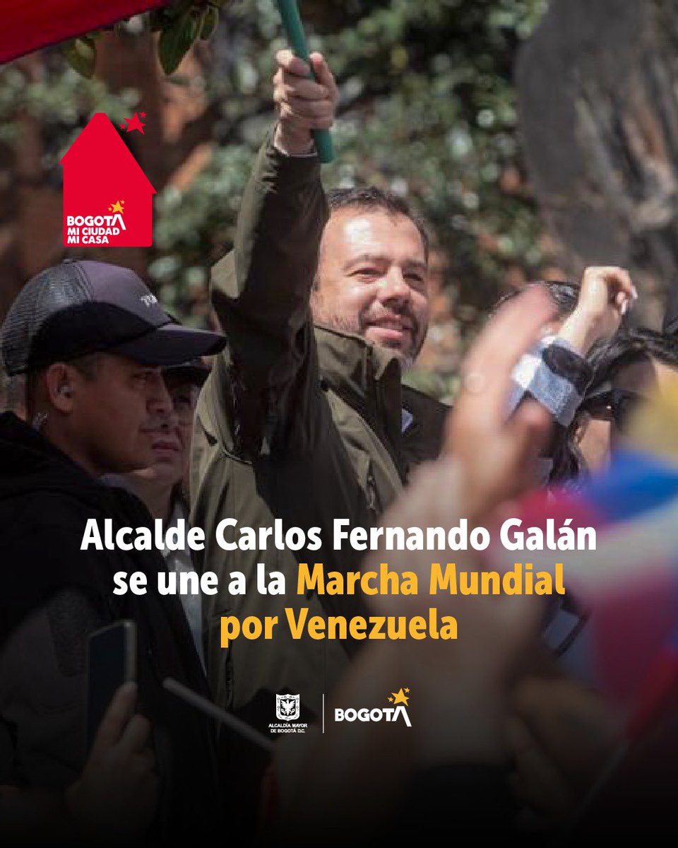 Bogota's tweet photo. Este sábado, el alcalde @CarlosFGalan asitió a la ‘Marcha Mundial por Venezuela’, que se llevó a cabo en el Parque de Lourdes. En este espacio, #BogotáMiCiudadMiCasa ratificó su apoyo a la democracia en el vecino país. https://t.co/8q0qc9rPF3
