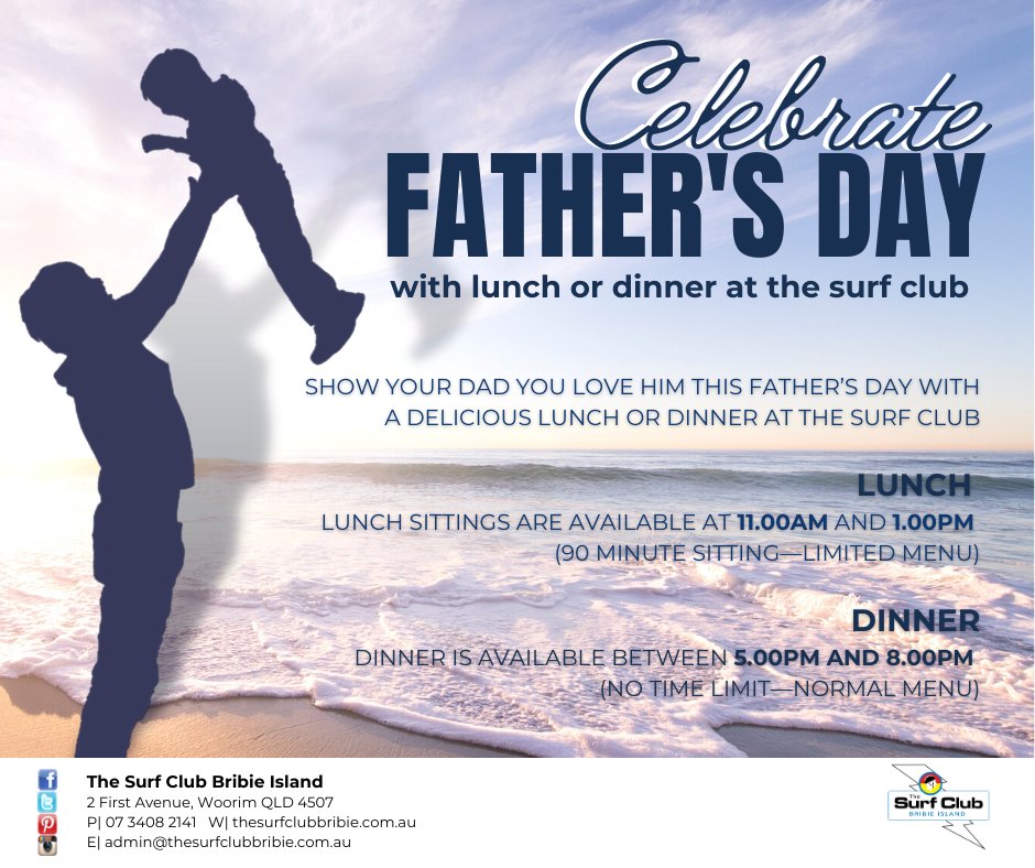 BribieSurfClub's tweet photo. It's that time of year again to make your dad feel super special. Why not spoil him @The Surf Club Bribie Island this Father's Day. https://t.co/ITaGL4aZIk
